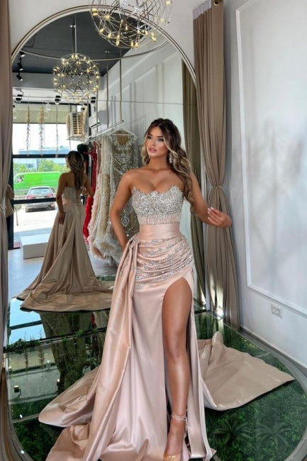 Floor-Length Split Front Sweetheart Ruffles Sleeveless Prom Evening Dresses with Beadings