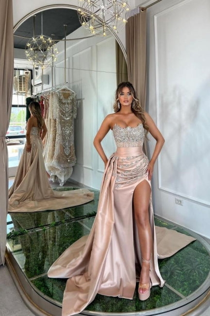 Floor-Length Split Front Sweetheart Ruffles Sleeveless Prom Evening Dresses with Beadings