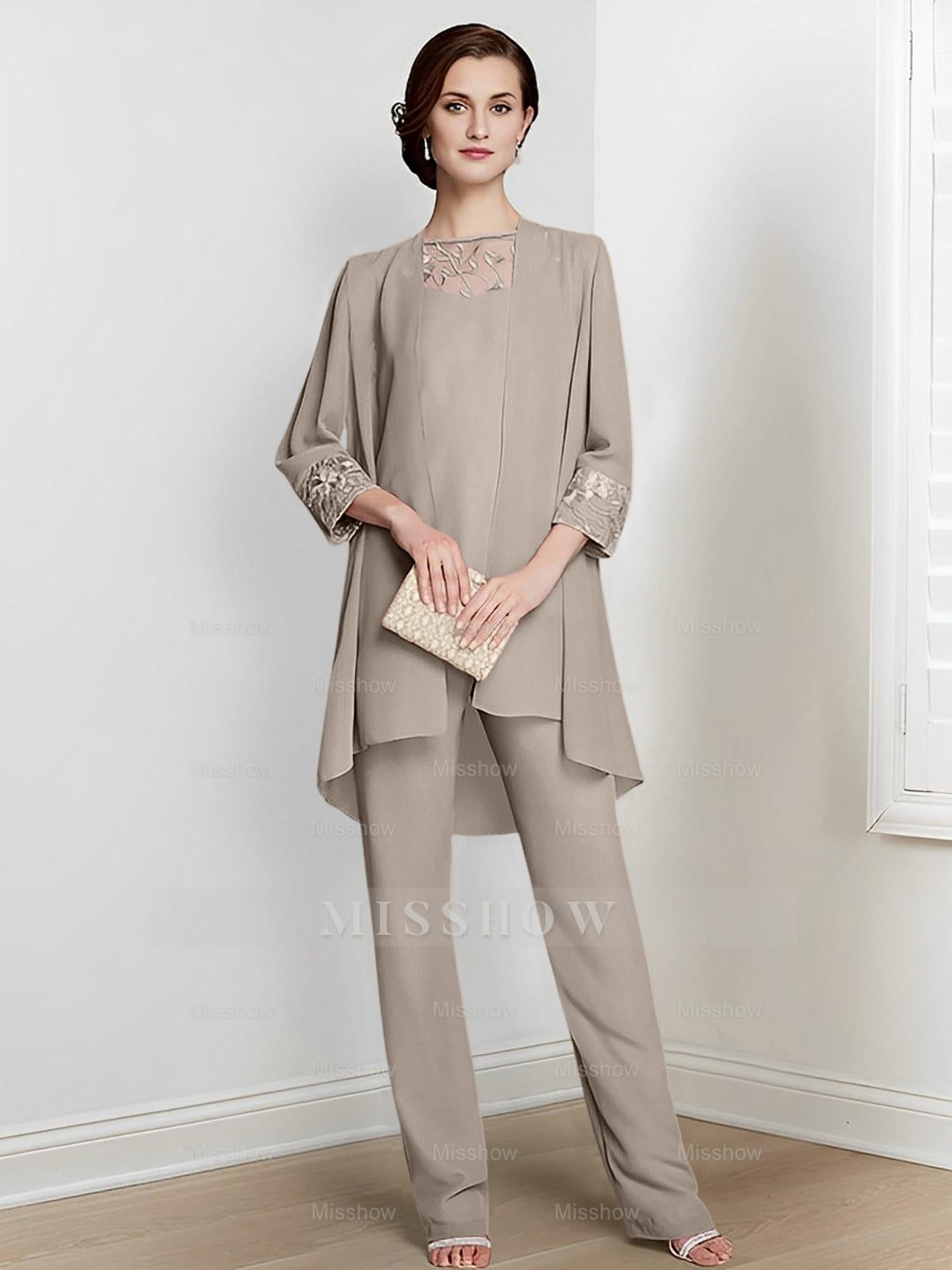 Floor-Length Square Neck Chiffon Pantsuit With Long Sleeves and Jacket for the Mother of the Bride