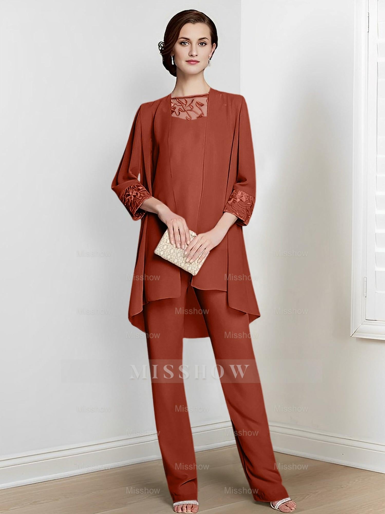 Floor-Length Square Neck Chiffon Pantsuit With Long Sleeves and Jacket for the Mother of the Bride