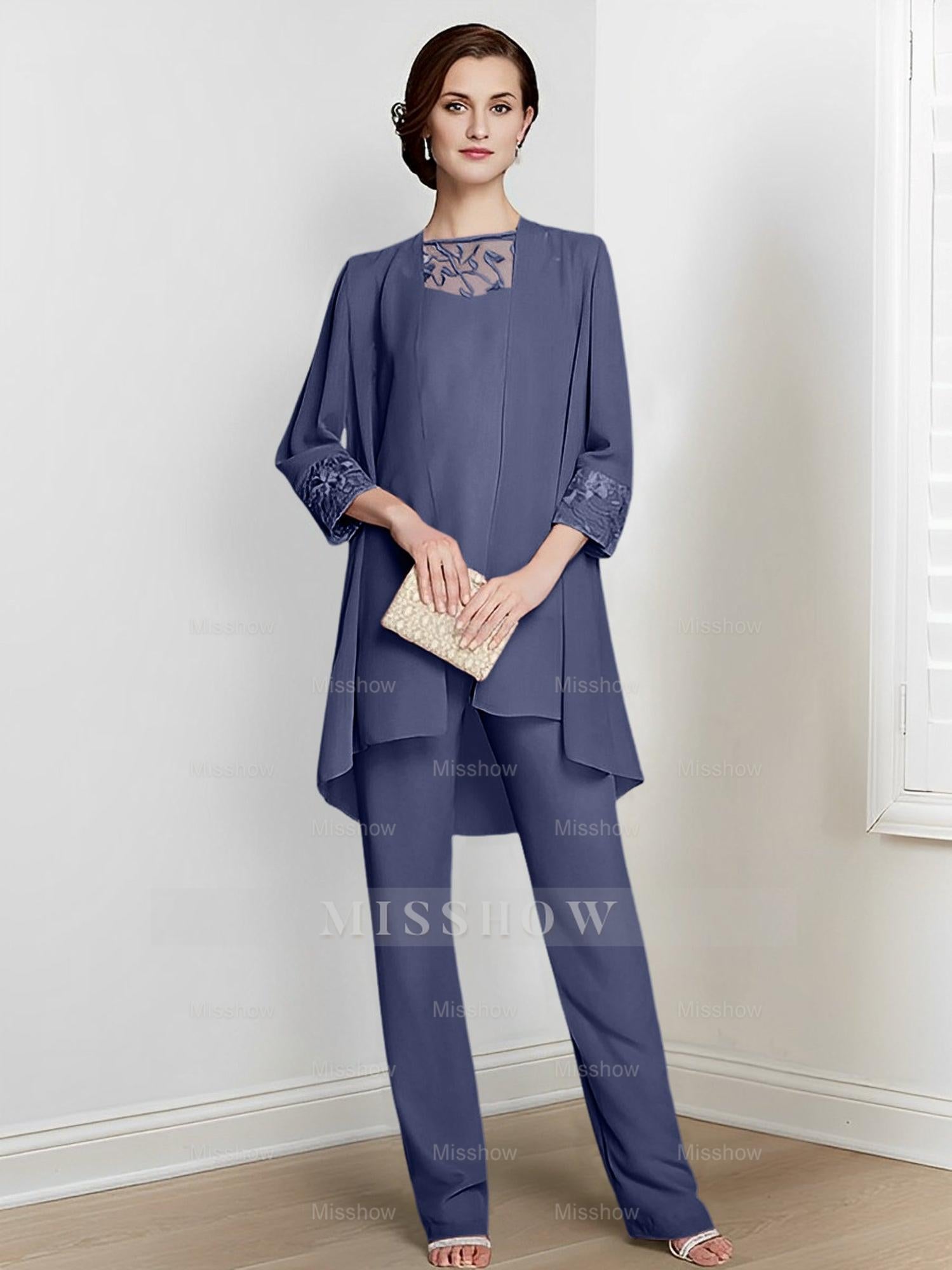 Floor-Length Square Neck Chiffon Pantsuit With Long Sleeves and Jacket for the Mother of the Bride
