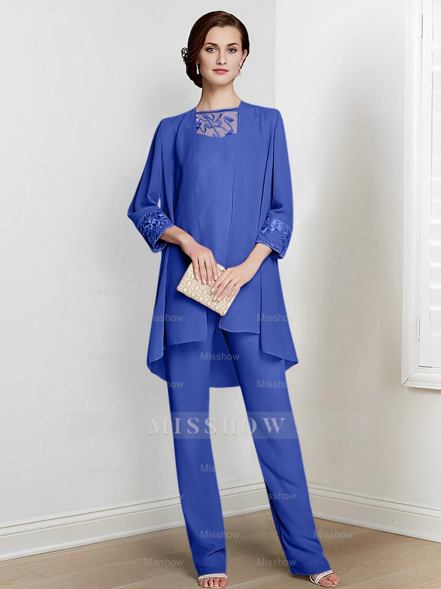 Floor-Length Square Neck Chiffon Pantsuit With Long Sleeves and Jacket for the Mother of the Bride