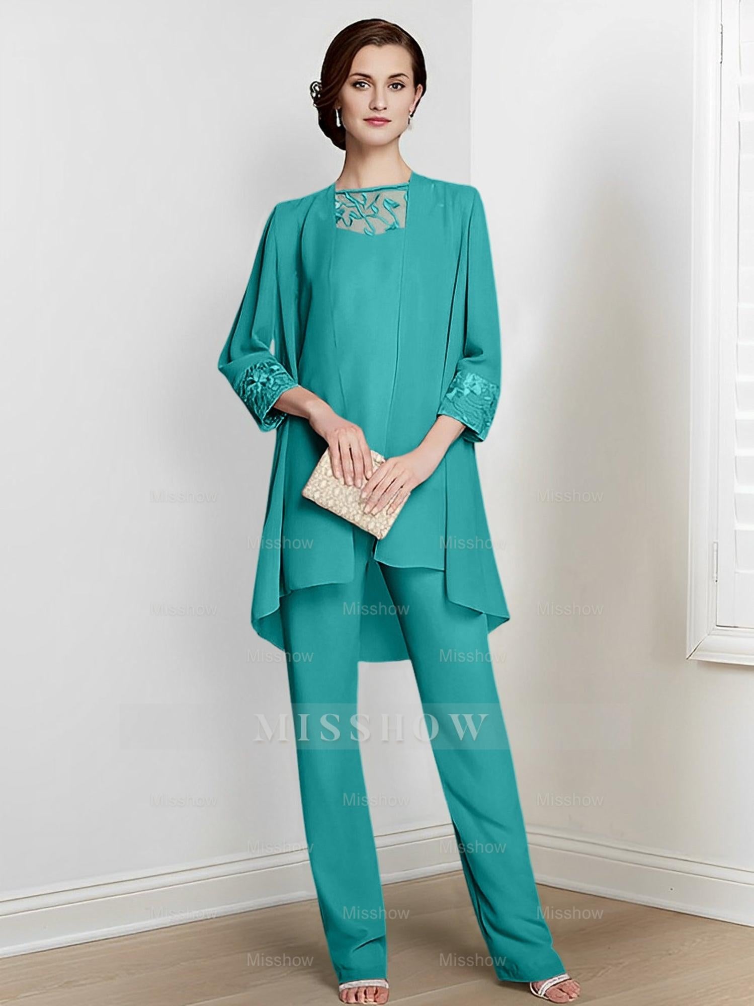 Floor-Length Square Neck Chiffon Pantsuit With Long Sleeves and Jacket for the Mother of the Bride