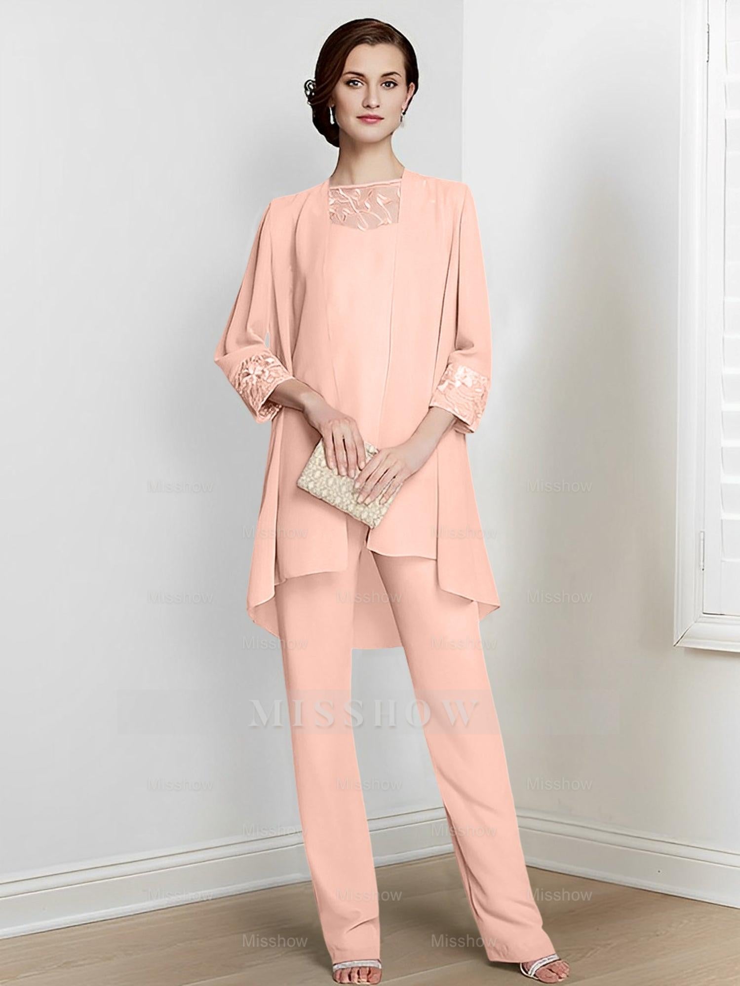 Floor-Length Square Neck Chiffon Pantsuit With Long Sleeves and Jacket for the Mother of the Bride