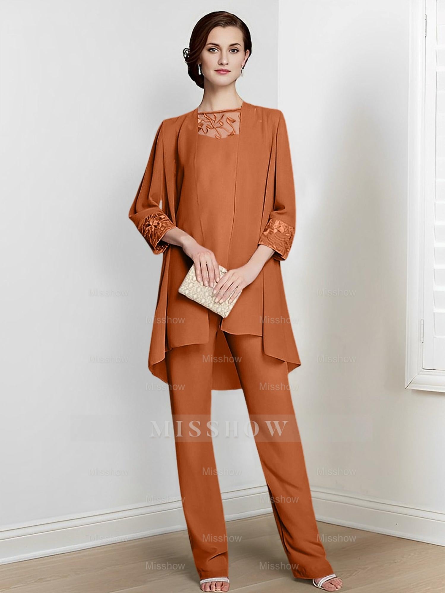 Floor-Length Square Neck Chiffon Pantsuit With Long Sleeves and Jacket for the Mother of the Bride
