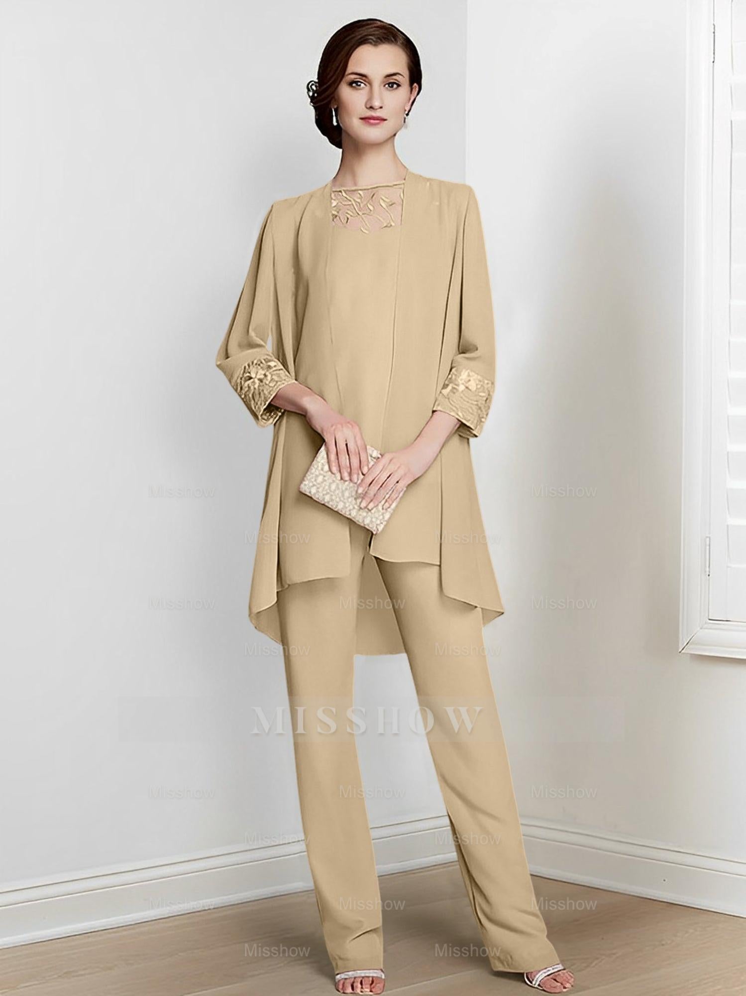 Floor-Length Square Neck Chiffon Pantsuit With Long Sleeves and Jacket for the Mother of the Bride