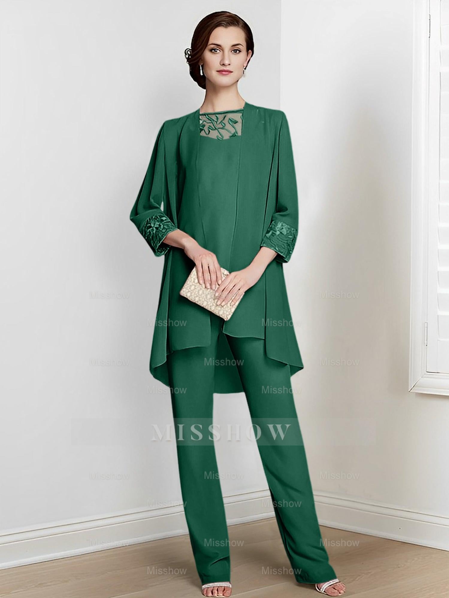 Floor-Length Square Neck Chiffon Pantsuit With Long Sleeves and Jacket for the Mother of the Bride