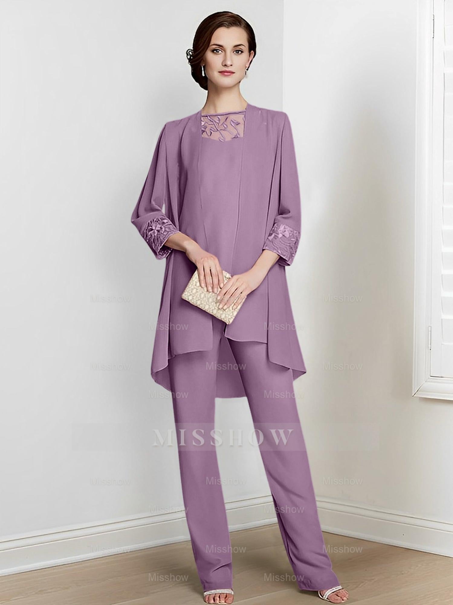 Floor-Length Square Neck Chiffon Pantsuit With Long Sleeves and Jacket for the Mother of the Bride