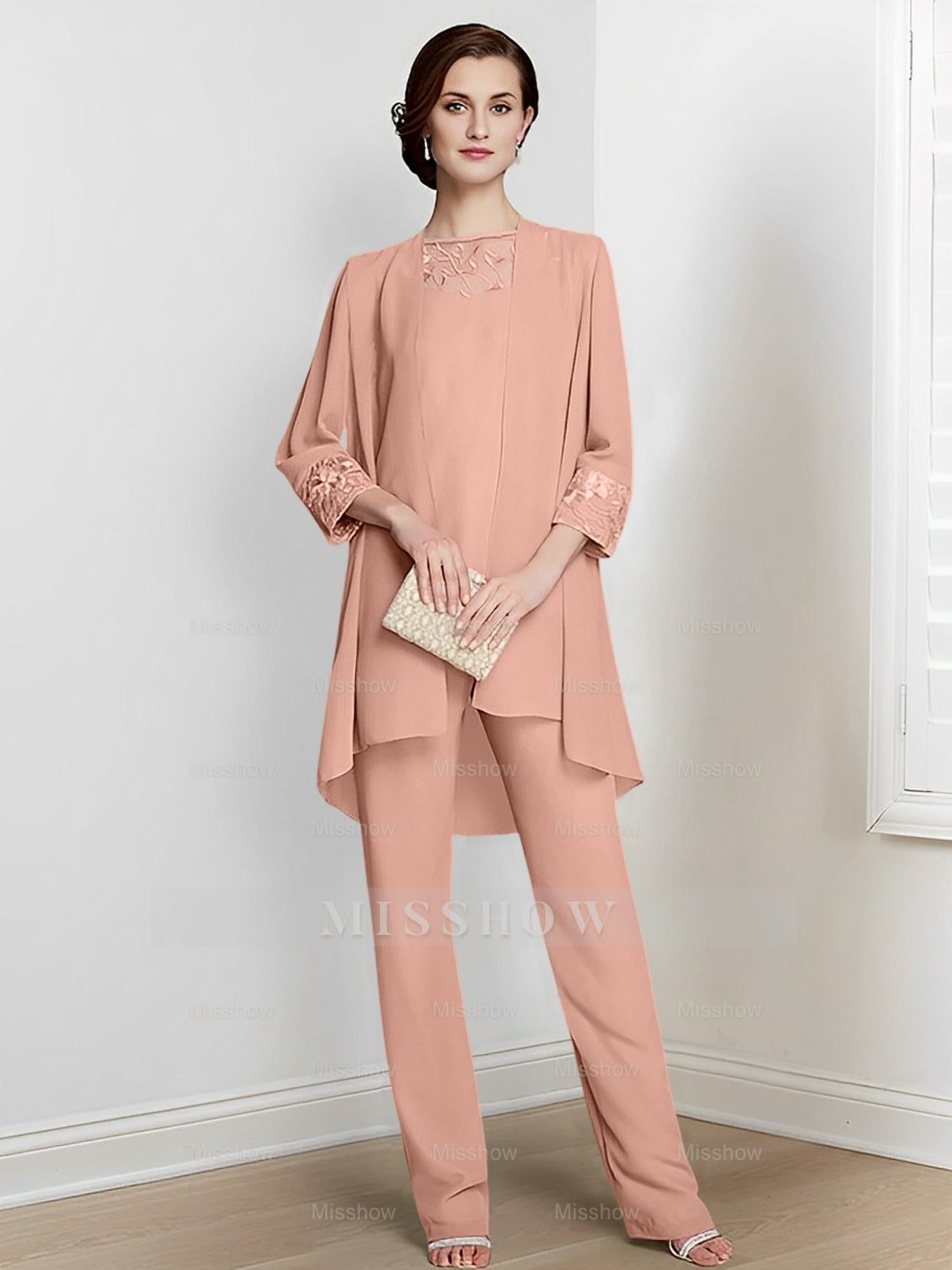 Floor-Length Square Neck Chiffon Pantsuit With Long Sleeves and Jacket for the Mother of the Bride