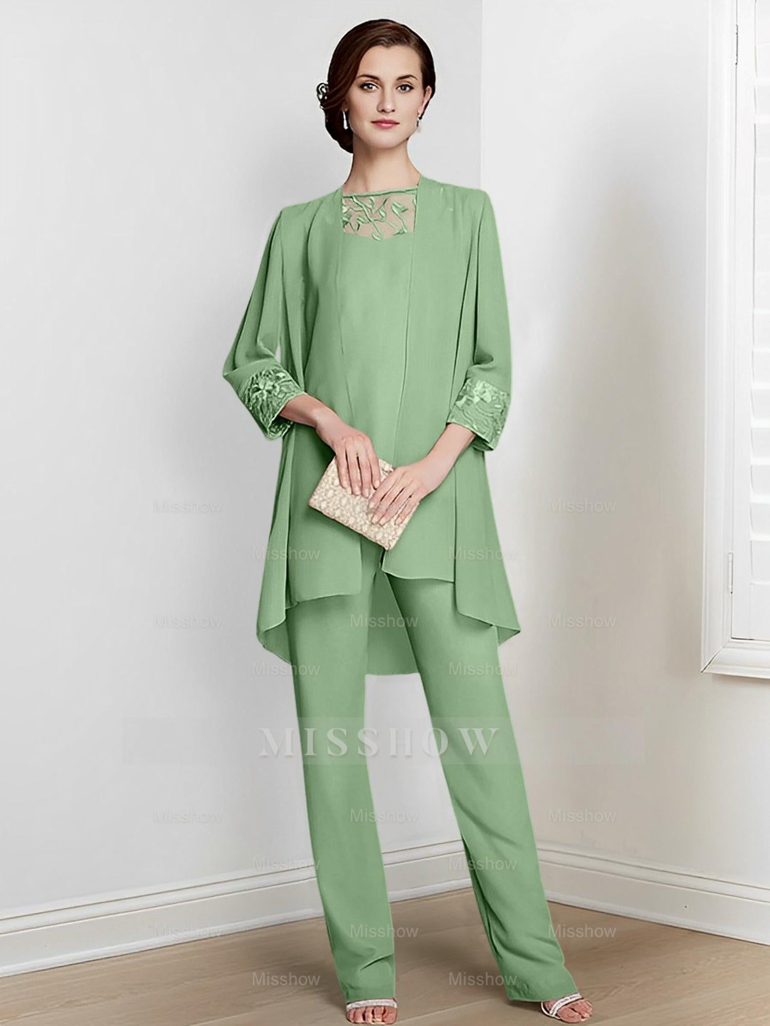 Floor-Length Square Neck Chiffon Pantsuit With Long Sleeves and Jacket for the Mother of the Bride