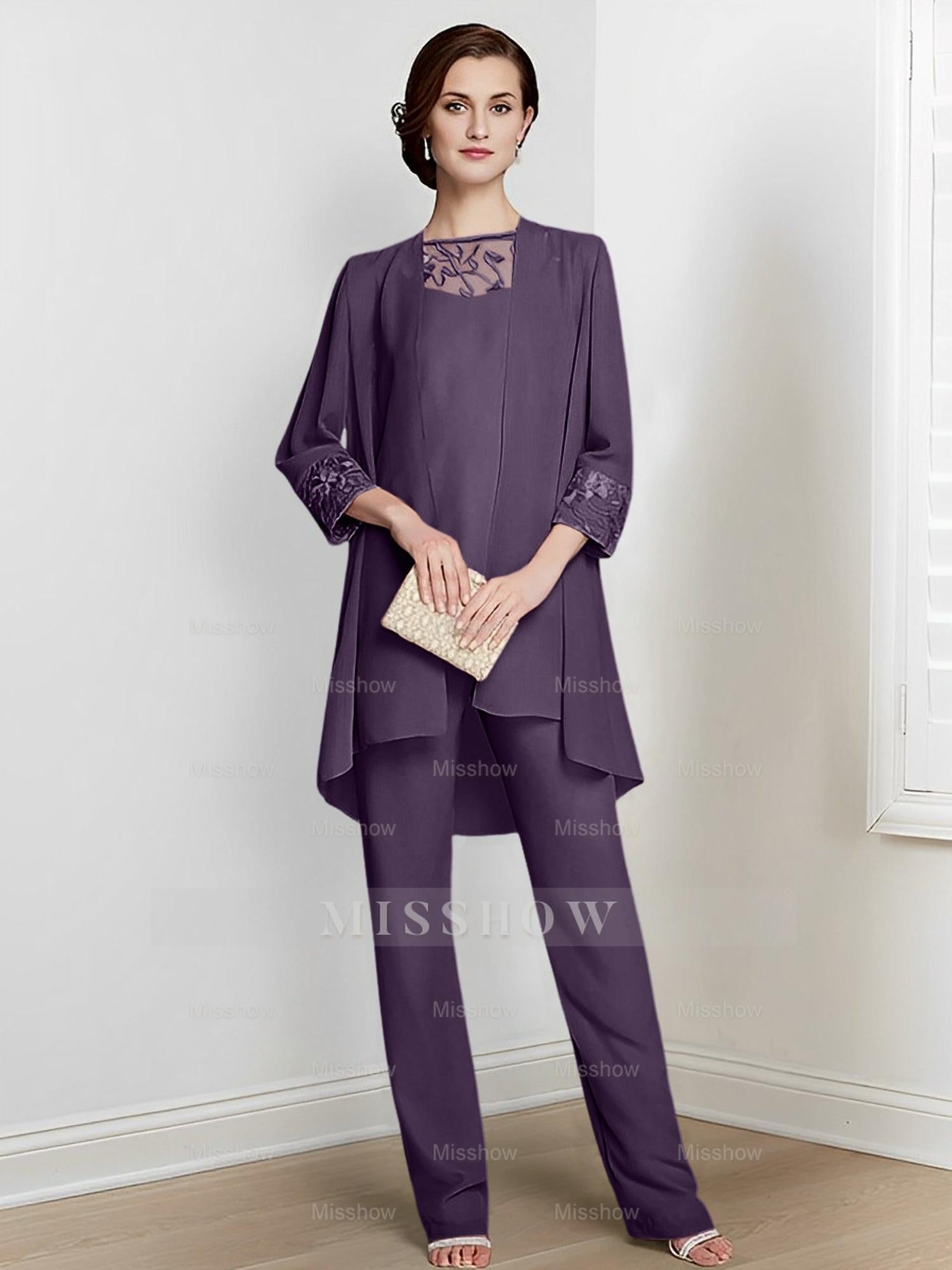Floor-Length Square Neck Chiffon Pantsuit With Long Sleeves and Jacket for the Mother of the Bride