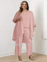 Floor-Length Square Neck Chiffon Pantsuit With Long Sleeves and Jacket for the Mother of the Bride