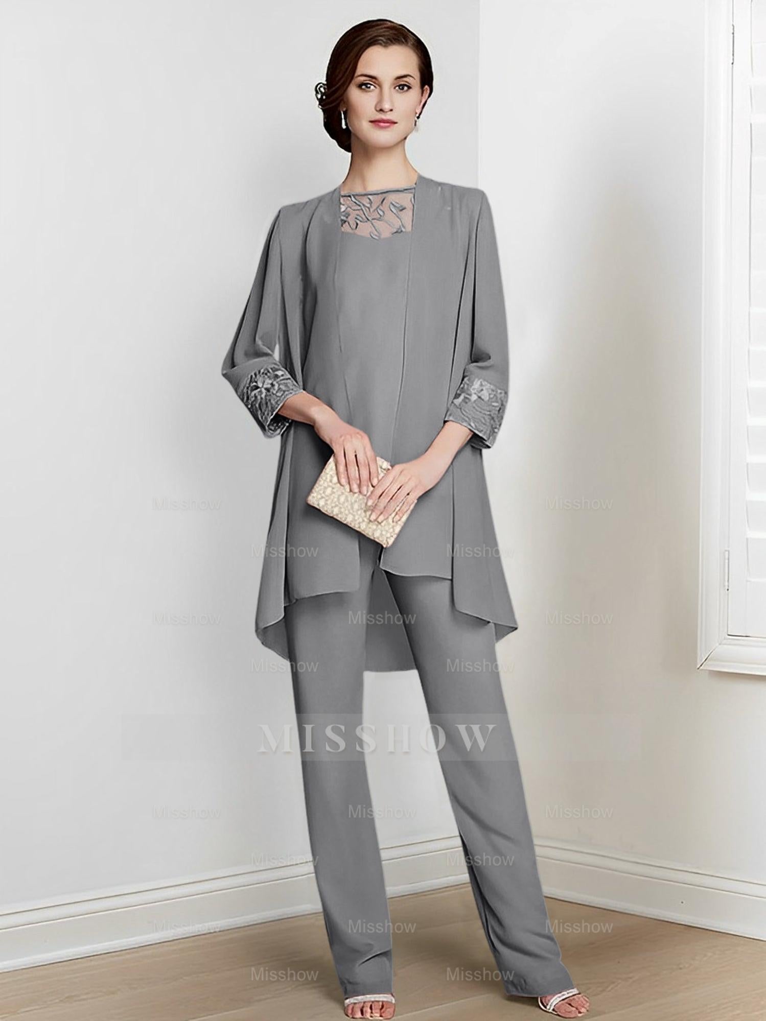 Floor-Length Square Neck Chiffon Pantsuit With Long Sleeves and Jacket for the Mother of the Bride