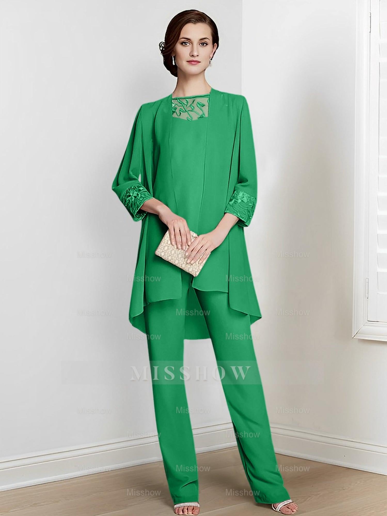 Floor-Length Square Neck Chiffon Pantsuit With Long Sleeves and Jacket for the Mother of the Bride