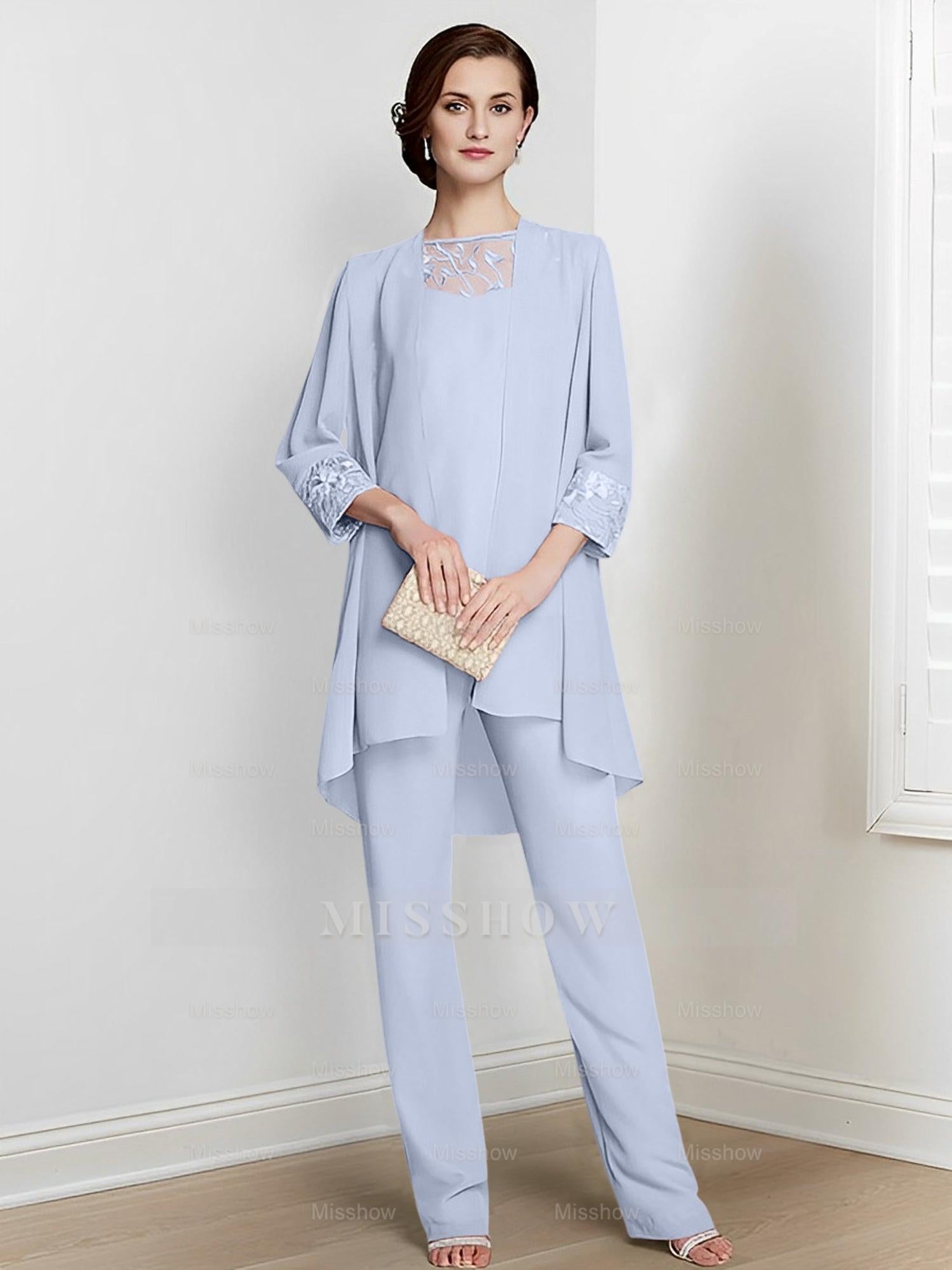Floor-Length Square Neck Chiffon Pantsuit With Long Sleeves and Jacket for the Mother of the Bride