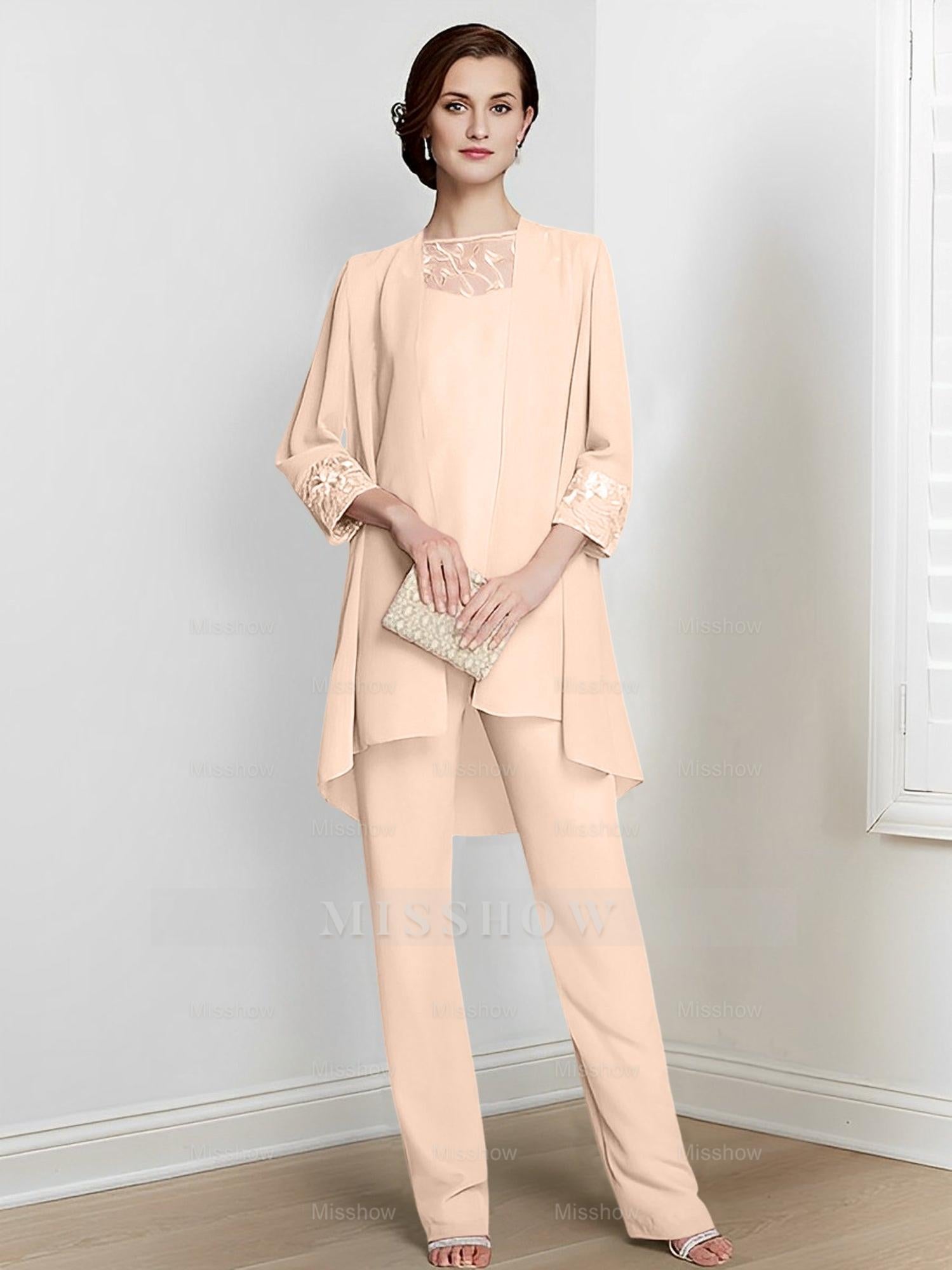 Floor-Length Square Neck Chiffon Pantsuit With Long Sleeves and Jacket for the Mother of the Bride