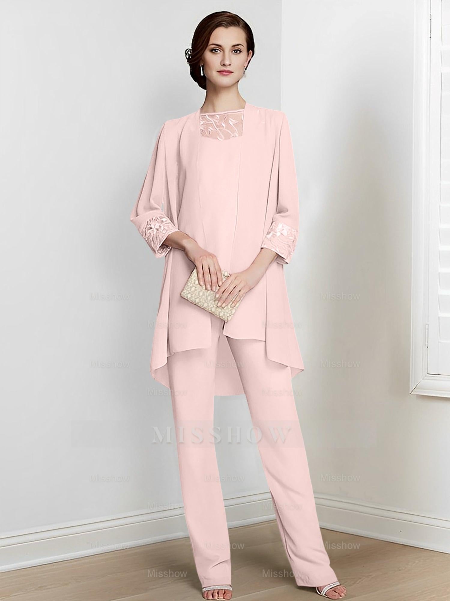 Floor-Length Square Neck Chiffon Pantsuit With Long Sleeves and Jacket for the Mother of the Bride