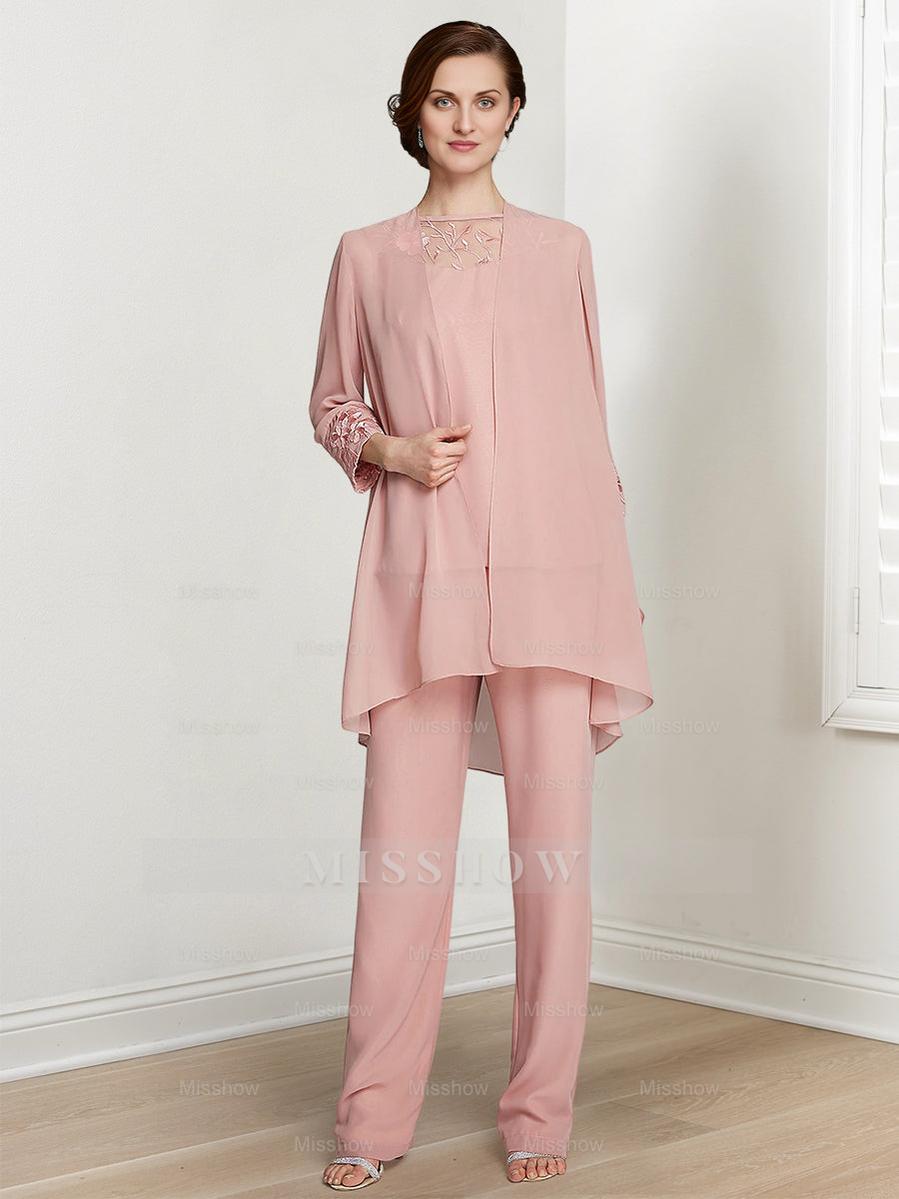 Floor-Length Square Neck Chiffon Pantsuit With Long Sleeves and Jacket for the Mother of the Bride