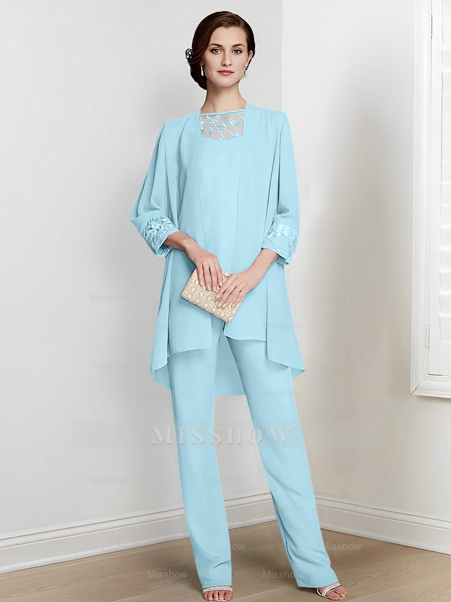 Floor-Length Square Neck Chiffon Pantsuit With Long Sleeves and Jacket for the Mother of the Bride
