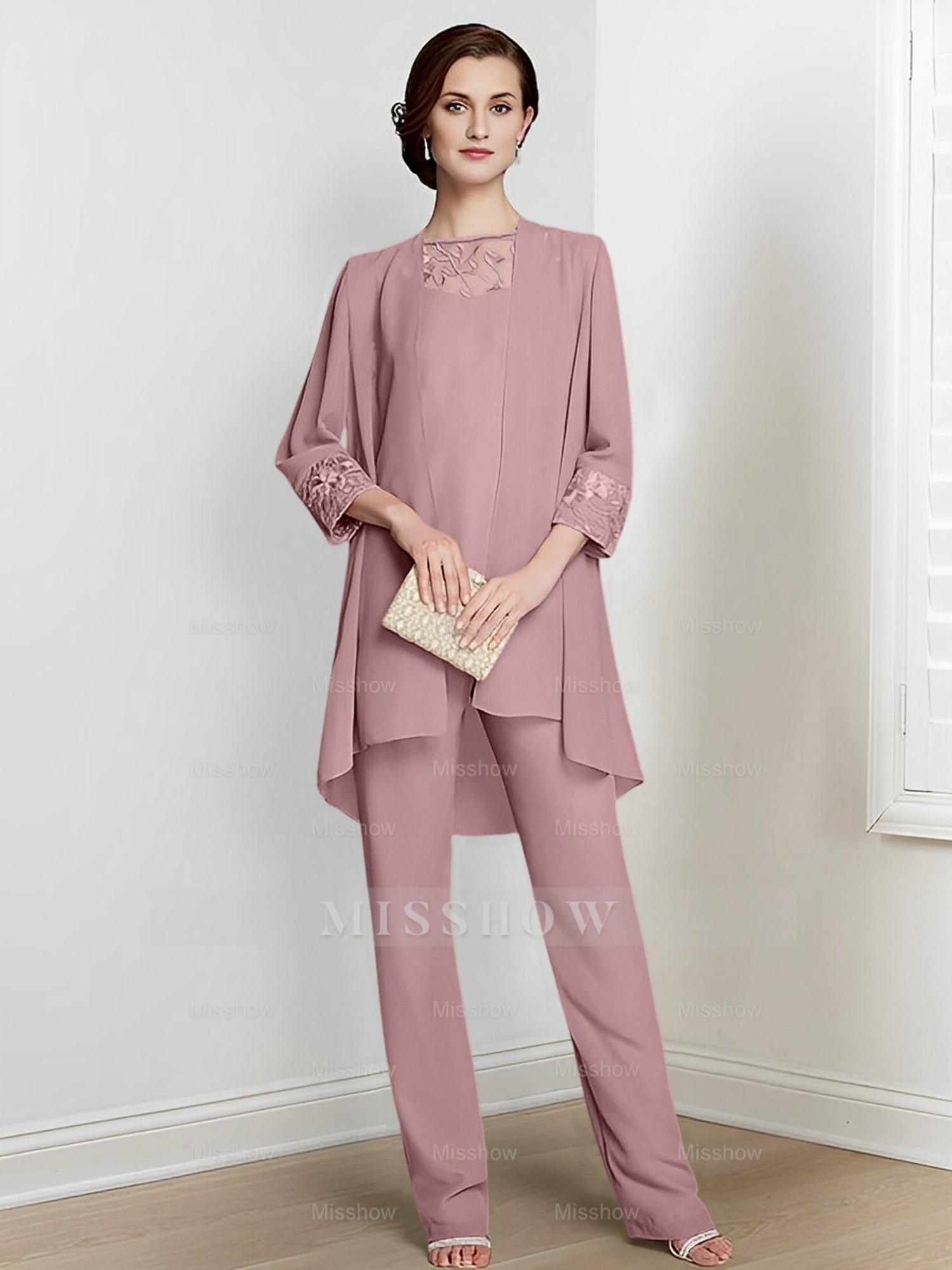 Floor-Length Square Neck Chiffon Pantsuit With Long Sleeves and Jacket for the Mother of the Bride