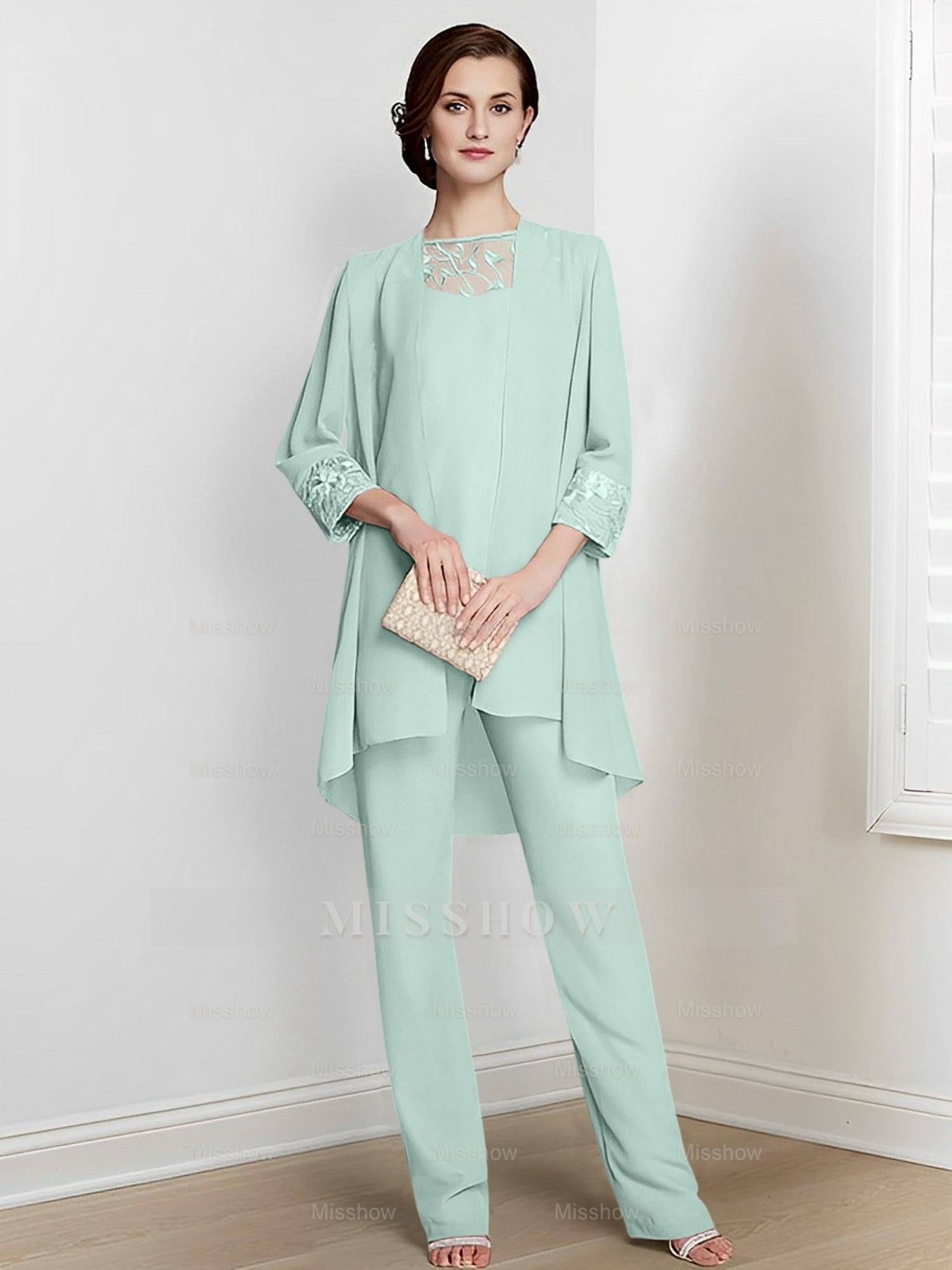 Floor-Length Square Neck Chiffon Pantsuit With Long Sleeves and Jacket for the Mother of the Bride