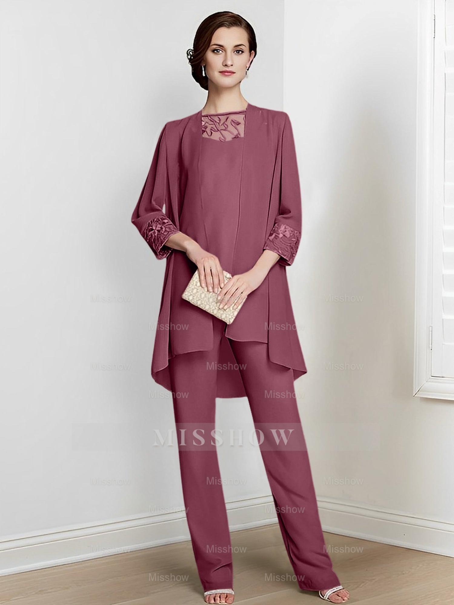Floor-Length Square Neck Chiffon Pantsuit With Long Sleeves and Jacket for the Mother of the Bride