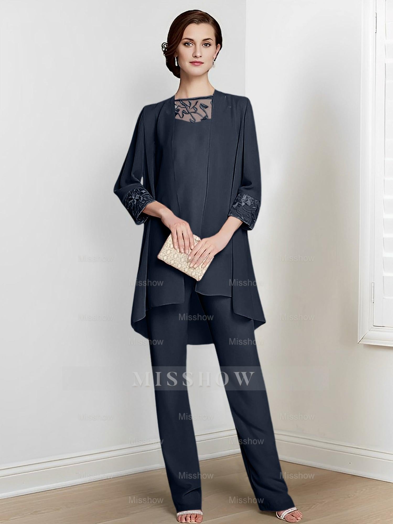 Floor-Length Square Neck Chiffon Pantsuit With Long Sleeves and Jacket for the Mother of the Bride