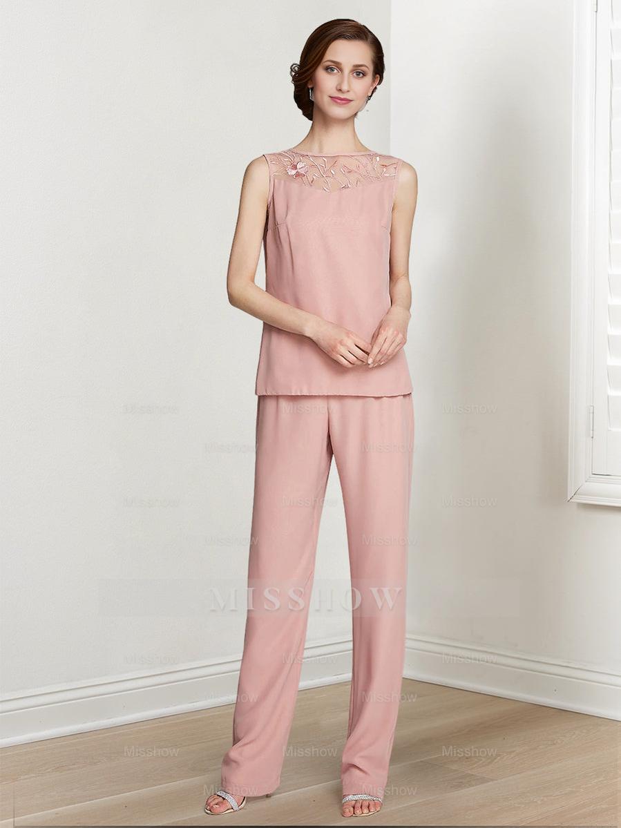 Floor-Length Square Neck Chiffon Pantsuit With Long Sleeves and Jacket for the Mother of the Bride