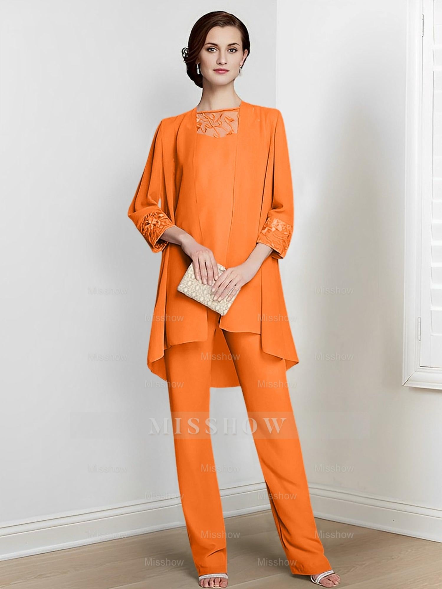 Floor-Length Square Neck Chiffon Pantsuit With Long Sleeves and Jacket for the Mother of the Bride