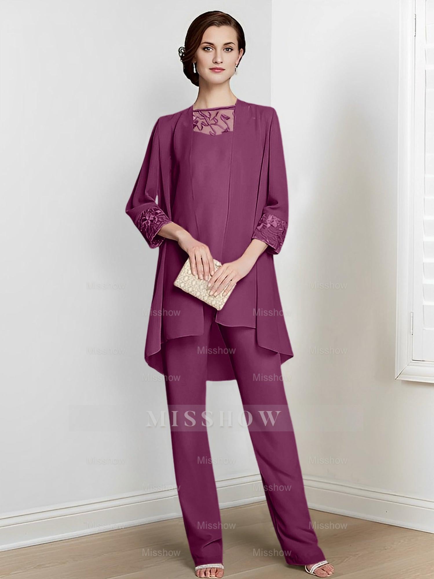 Floor-Length Square Neck Chiffon Pantsuit With Long Sleeves and Jacket for the Mother of the Bride