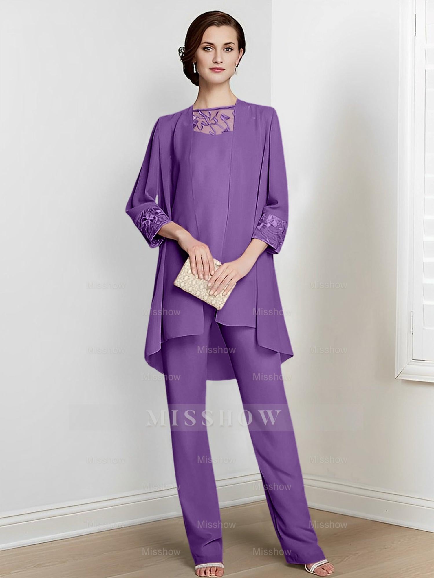 Floor-Length Square Neck Chiffon Pantsuit With Long Sleeves and Jacket for the Mother of the Bride