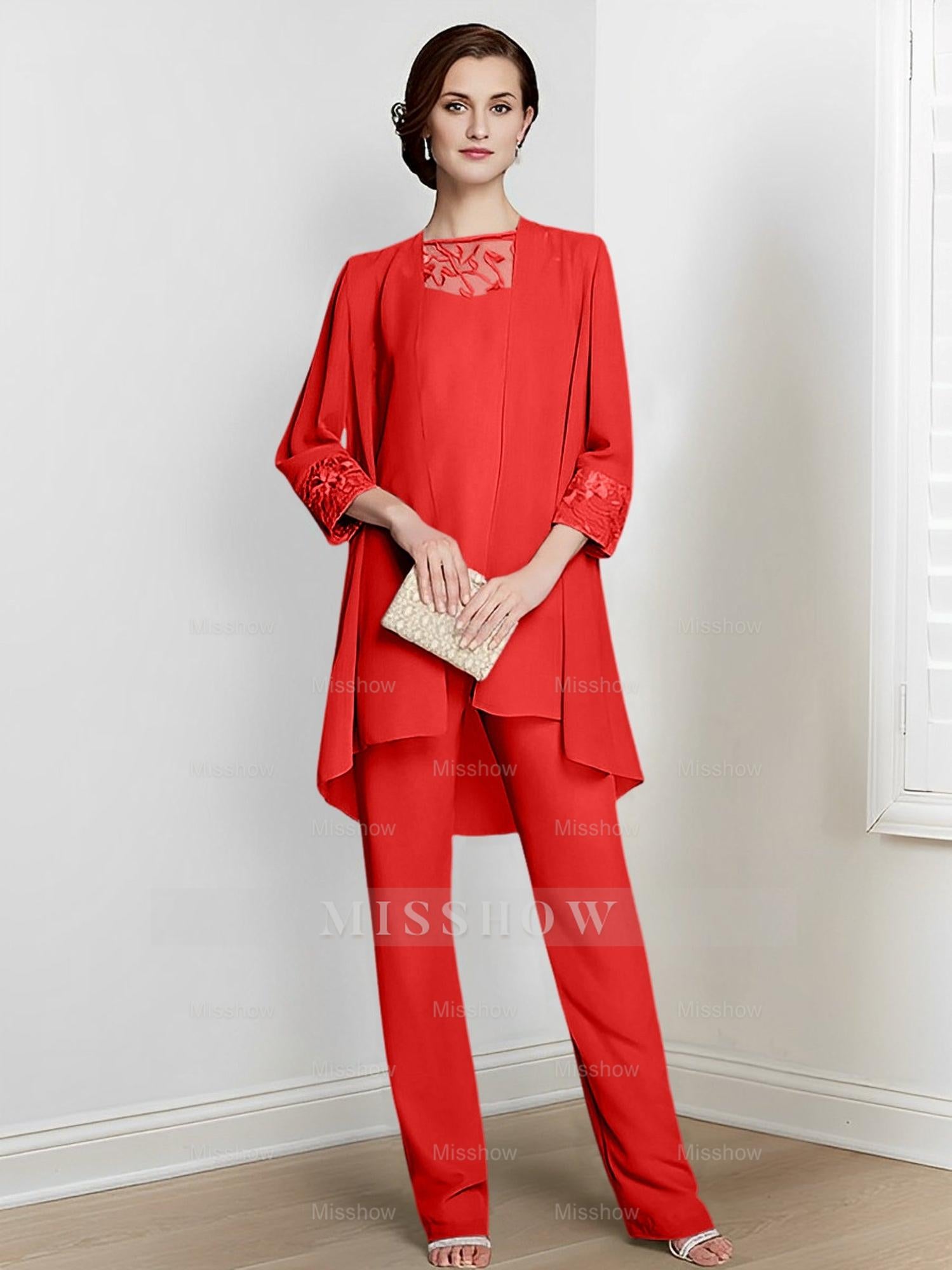 Floor-Length Square Neck Chiffon Pantsuit With Long Sleeves and Jacket for the Mother of the Bride