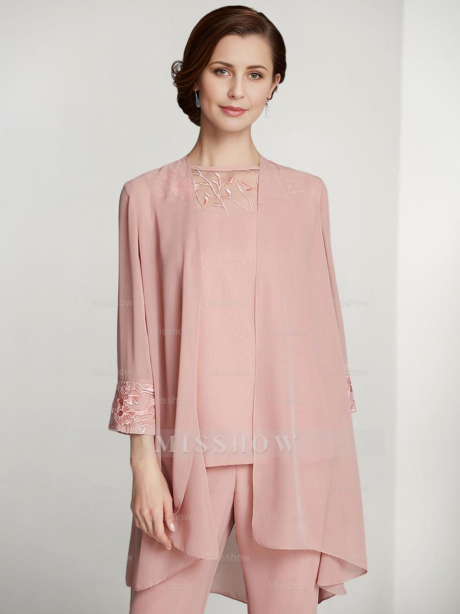 Floor-Length Square Neck Chiffon Pantsuit With Long Sleeves and Jacket for the Mother of the Bride