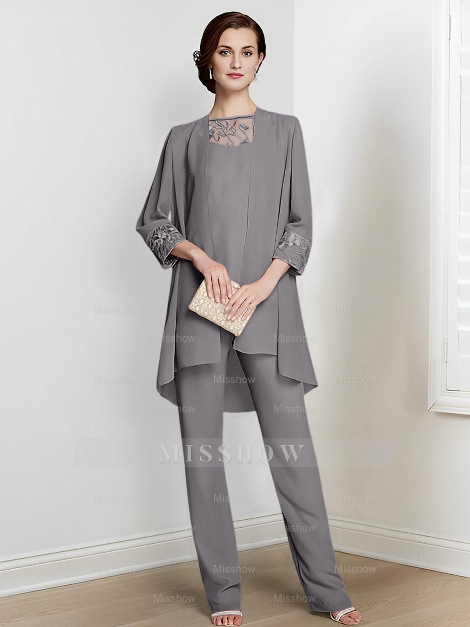 Floor-Length Square Neck Chiffon Pantsuit With Long Sleeves and Jacket for the Mother of the Bride