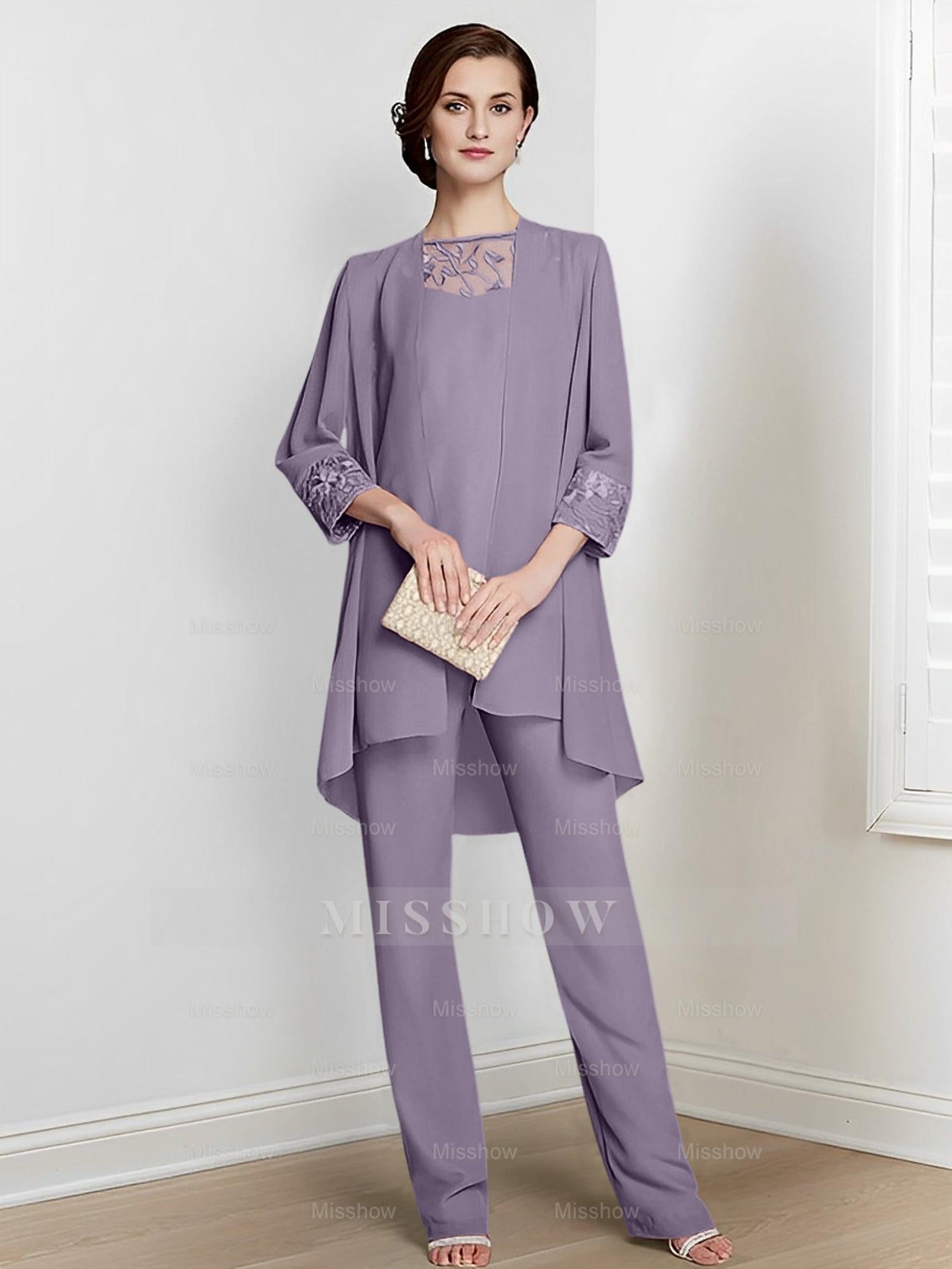 Floor-Length Square Neck Chiffon Pantsuit With Long Sleeves and Jacket for the Mother of the Bride