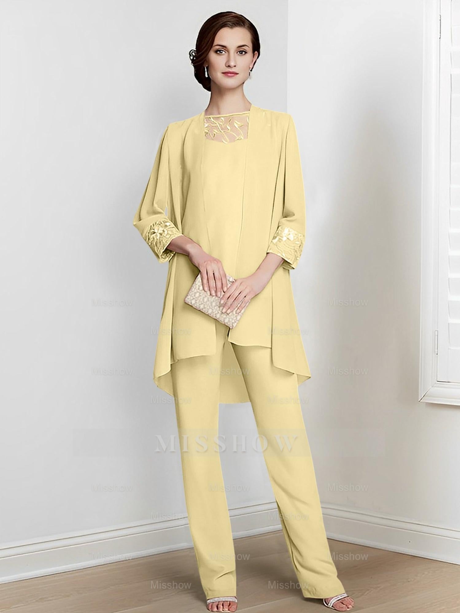 Floor-Length Square Neck Chiffon Pantsuit With Long Sleeves and Jacket for the Mother of the Bride