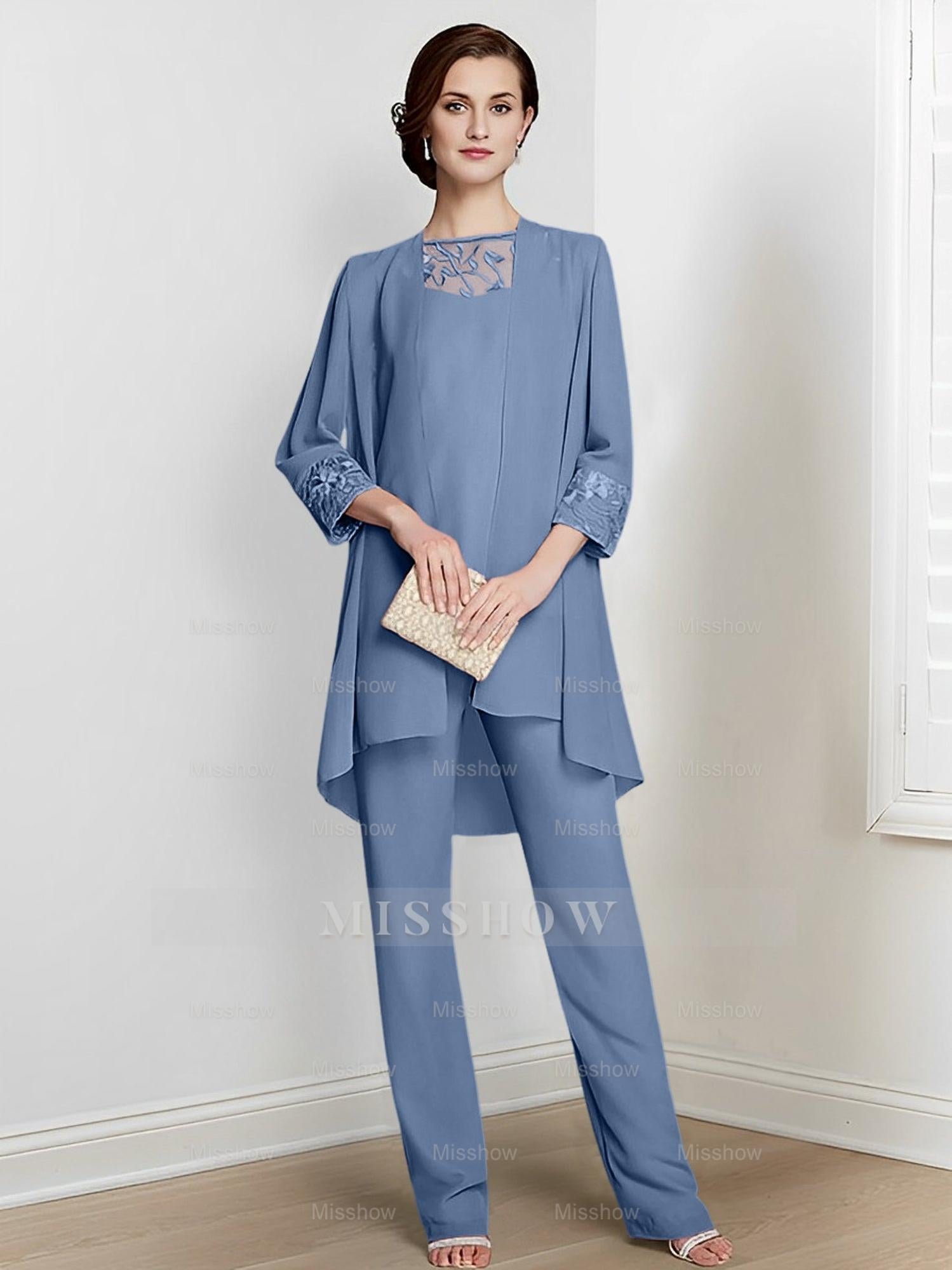 Floor-Length Square Neck Chiffon Pantsuit With Long Sleeves and Jacket for the Mother of the Bride