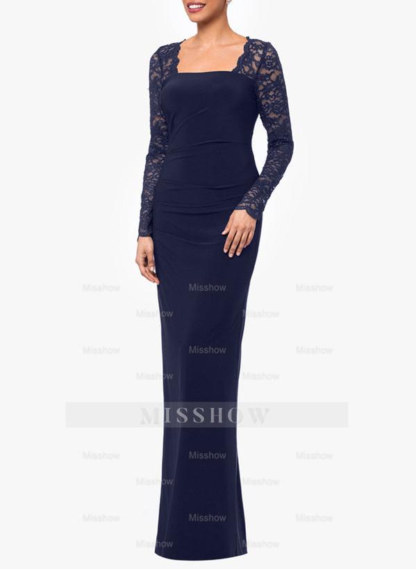 Floor-Length Square Neck Jersey Gown with Long Sleeves and Lace