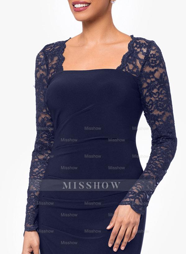 Floor-Length Square Neck Jersey Gown with Long Sleeves and Lace