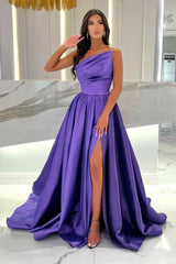 Floor-Length Stain A-Line One Shoulder Split Front Sleeveless Prom Evening Dresses with Ruffles