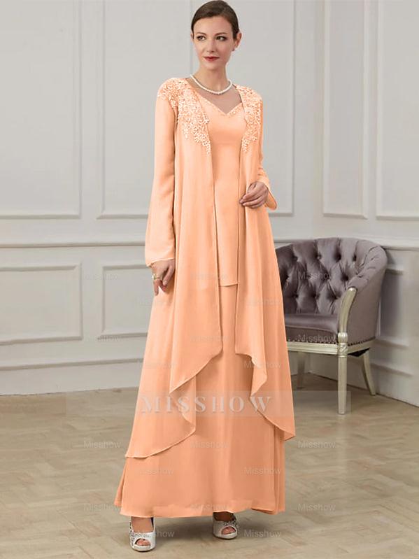 Floor-Length V-Neck A-Line Princess Gown for the Mother of the Bride