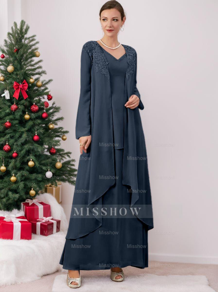 Floor-Length V-Neck A-Line Princess Gown for the Mother of the Bride