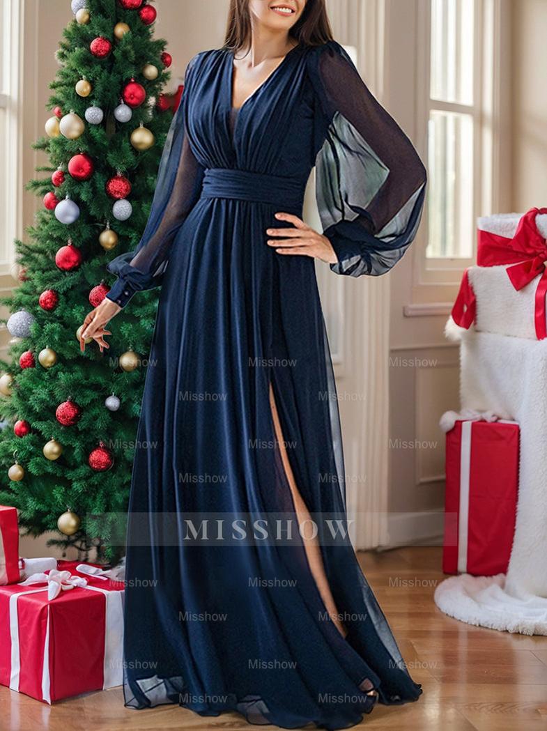 Floor-Length V-Neck A-Line Princess Gown with Ruffles for the Mother of the Bride