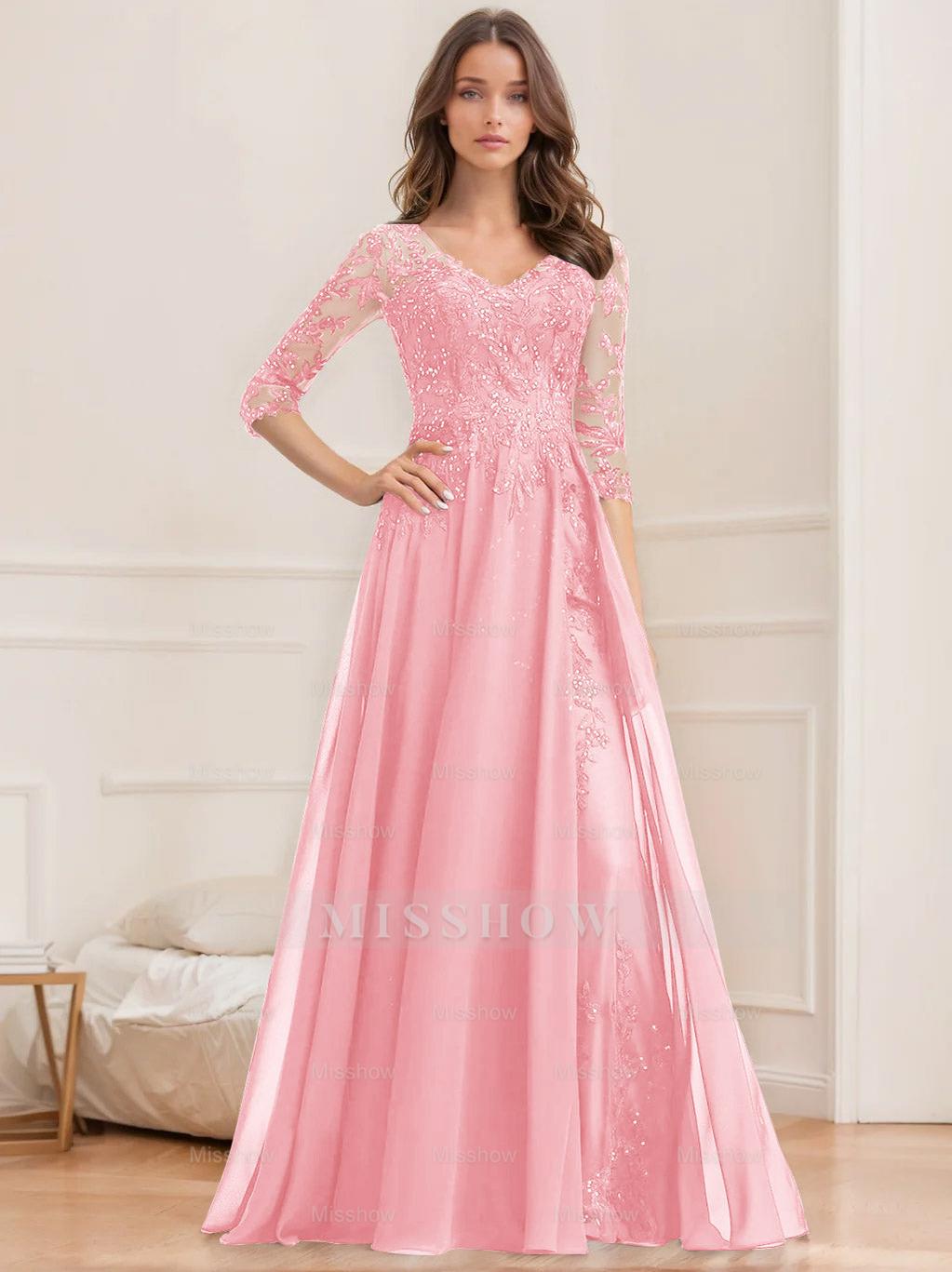Floor-Length V-Neck A-Line Princess Mother of the Bride Dresses with Half Sleeves and Sequins