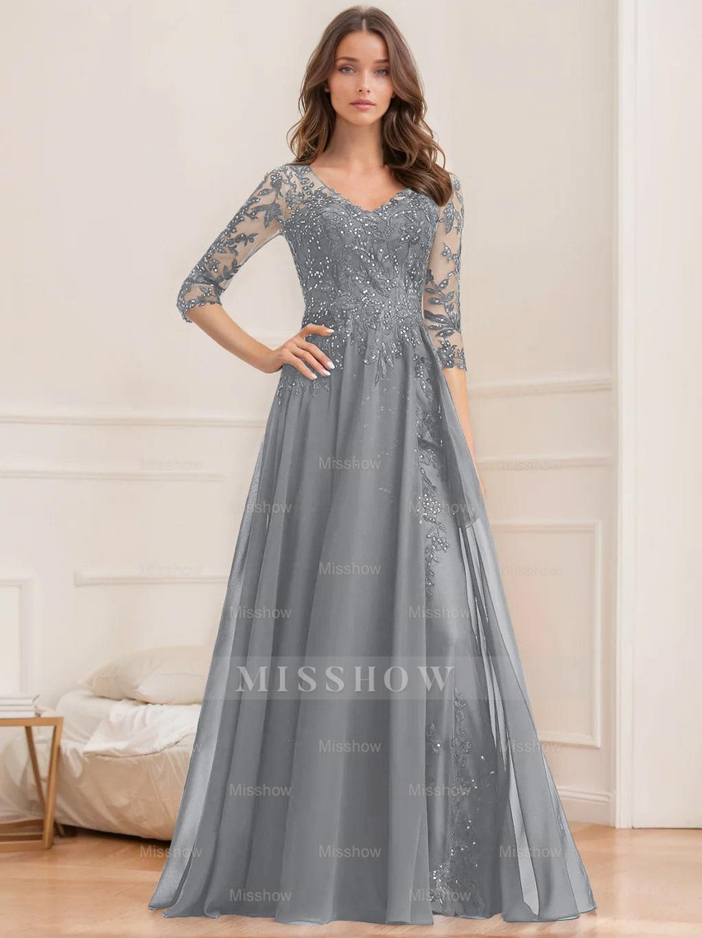 Floor-Length V-Neck A-Line Princess Mother of the Bride Dresses with Half Sleeves and Sequins
