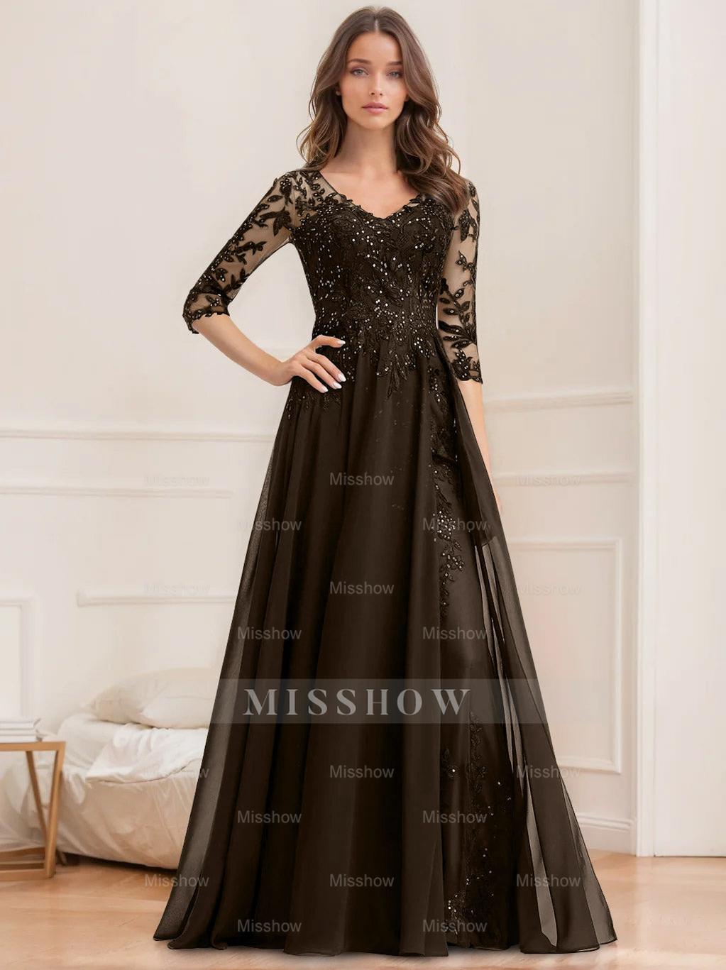 Floor-Length V-Neck A-Line Princess Mother of the Bride Dresses with Half Sleeves and Sequins
