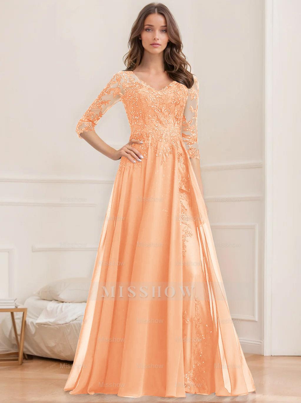 Floor-Length V-Neck A-Line Princess Mother of the Bride Dresses with Half Sleeves and Sequins