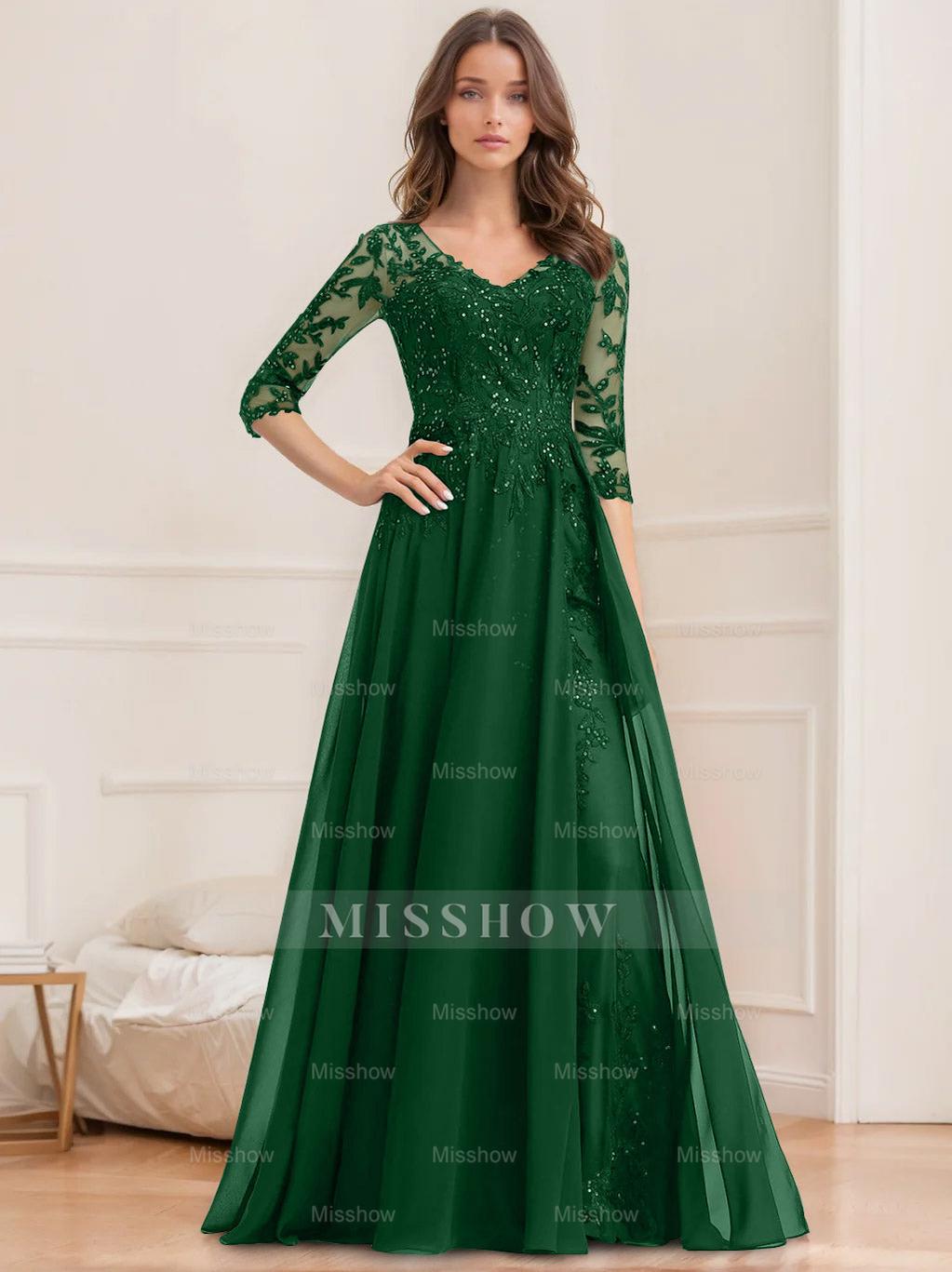 Floor-Length V-Neck A-Line Princess Mother of the Bride Dresses with Half Sleeves and Sequins
