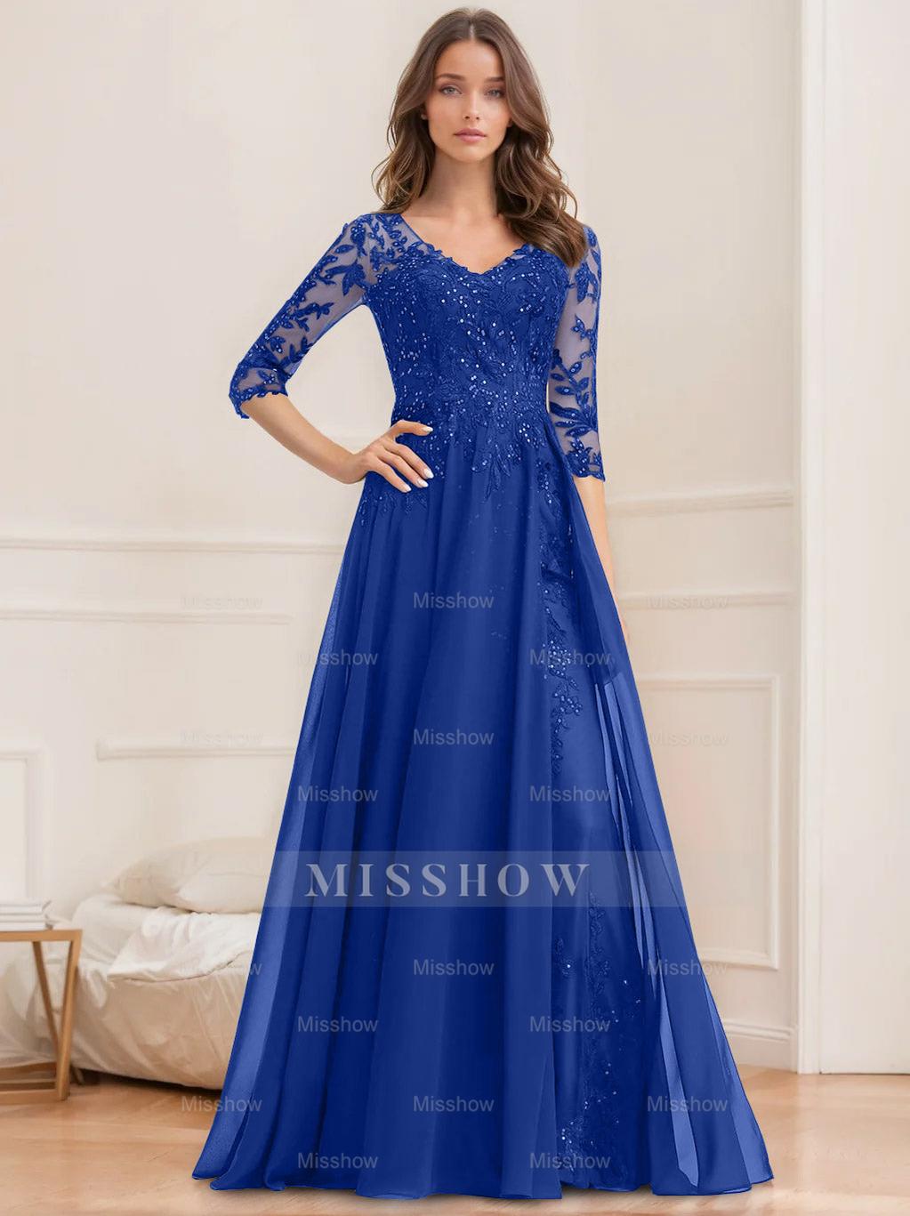 Floor-Length V-Neck A-Line Princess Mother of the Bride Dresses with Half Sleeves and Sequins