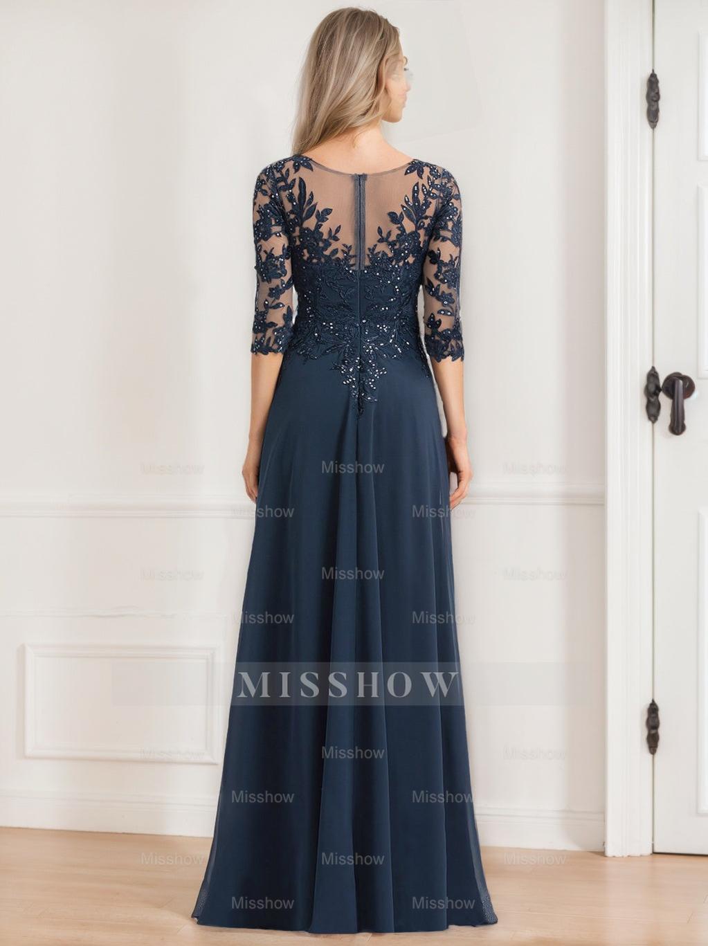 Floor-Length V-Neck A-Line Princess Mother of the Bride Dresses with Half Sleeves and Sequins